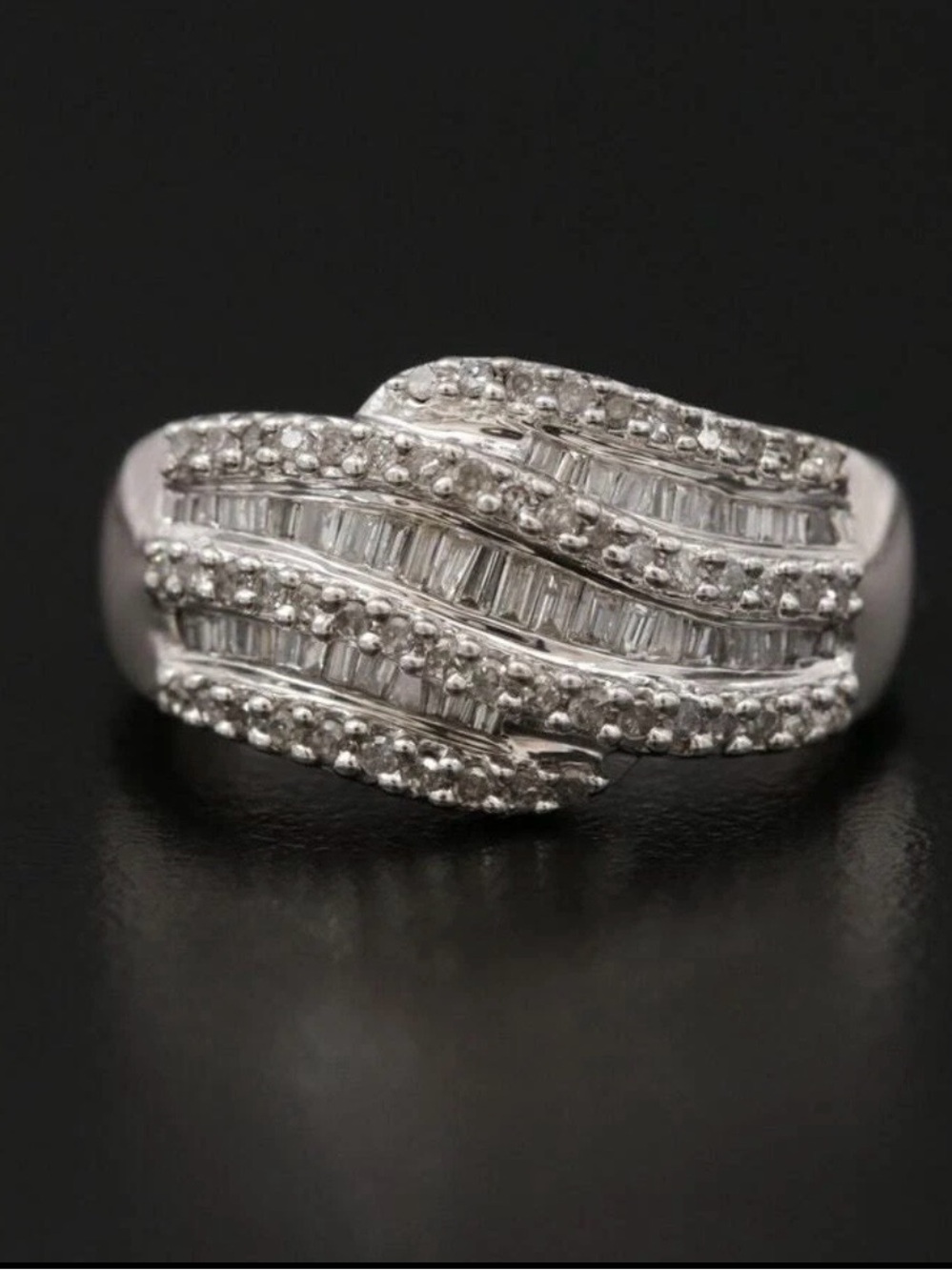 Elegantly Curved 14k Solid White Gold Diamond 0.77 ctw. Wave Ring Size 7